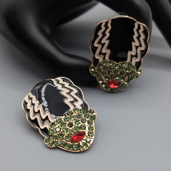 NWOT Bride of Frankenstein Earrings With Frankenstein Brooch Metallic Bejeweled - Picture 7 of 13
